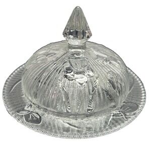 Vintage Floral Clear Glass Round Butter Dish with Lid candy dish decor